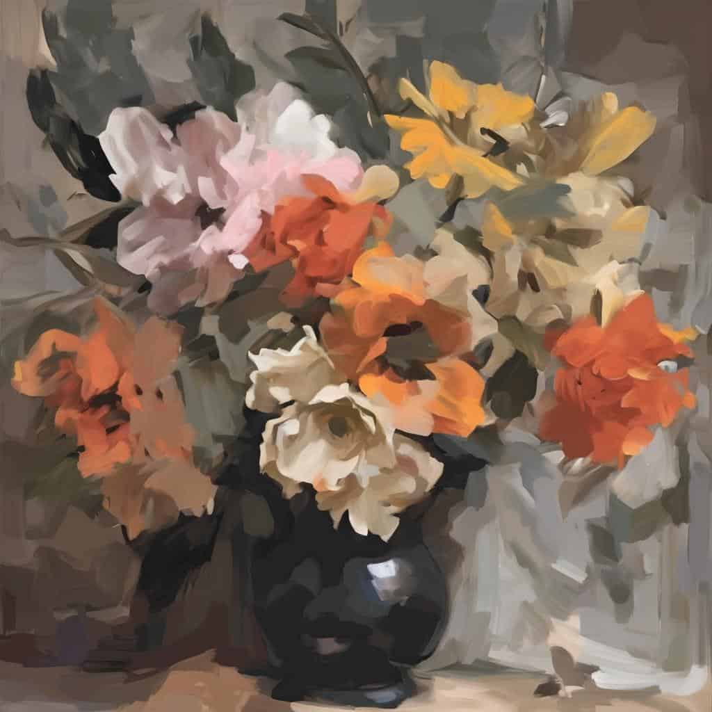 Λουλούδια σε βάζο με μοβ, λευκές και πορτοκαλί πινελιές, σε απαλά και ζωηρά χρώματα, σε ζωγραφική με αφηρημένο στυλ, ιδανική για την τέχνη της ζωγραφικής και το μυστήριο στα έργα τέχνης.