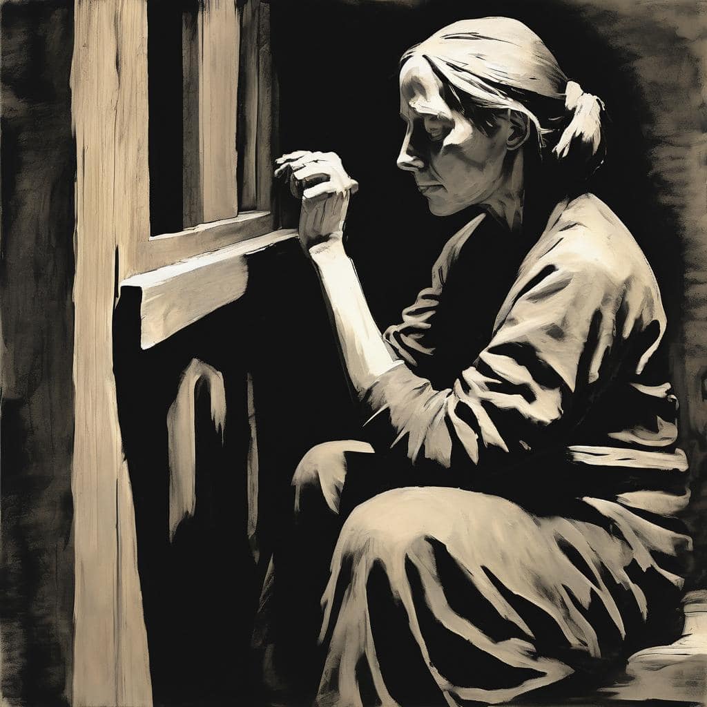 Μελαγχολική γυναίκα στο παράθυρο, ζωγραφική σε στυλ μυστηρίου και νοσταλγίας, καλλιτεχνική εικόνα με έντονο σκοτάδι και φωτισμό, ιδανική για καλλιτεχνική ανάλυση και αισθητική φωτογραφία.